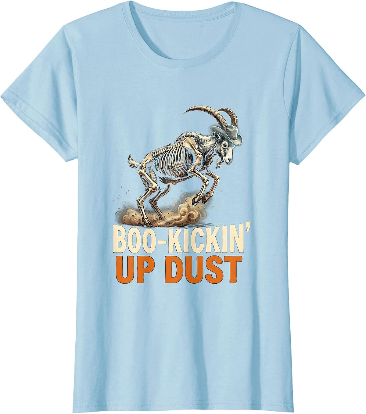 Women's Boo-kickin' Up Dust Ghost Goat Halloween Western Cowboy T-Shirt - Baby Blue