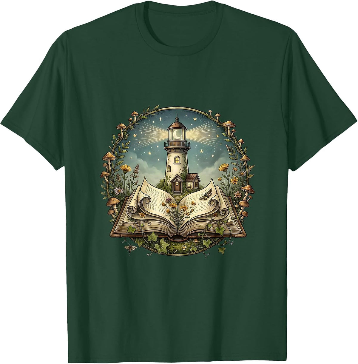 Men's Reading Teacher Lighthouse Book Illustration T-Shirt - Dark Green