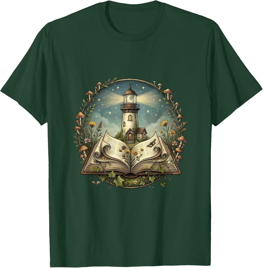 Men's Reading Teacher Lighthouse Book Illustration T-Shirt - Dark Green