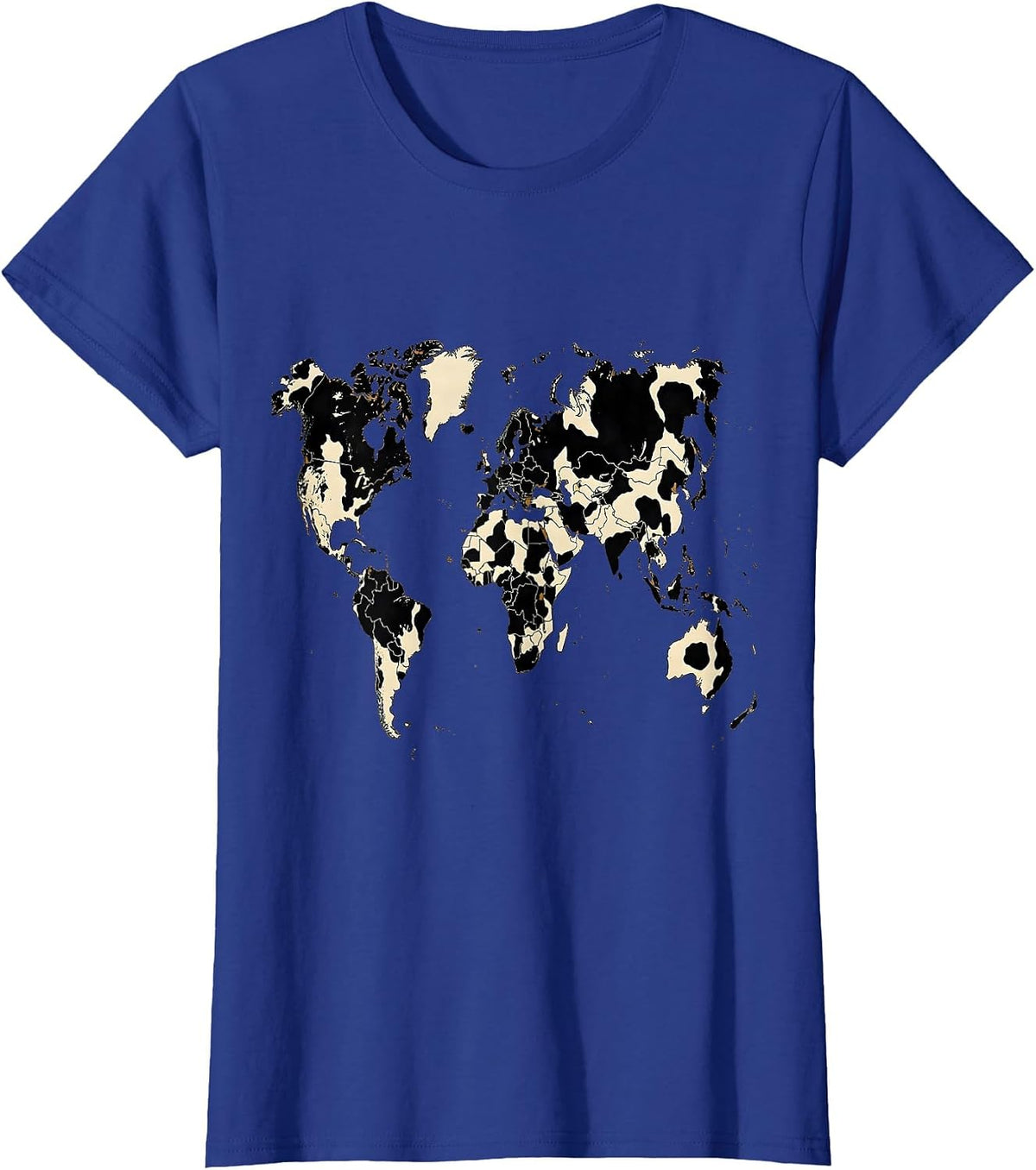 Women's Cow Print World Map Graphic Tee T-Shirt - Royal Blue