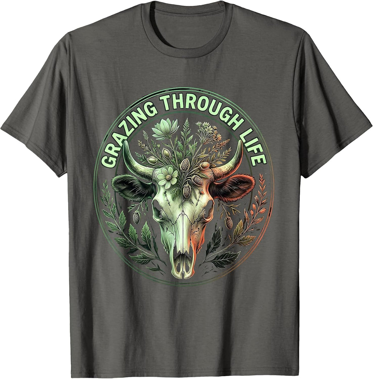 Grazing Through Life Cow Lover Design T-Shirt - Asphalt Grey