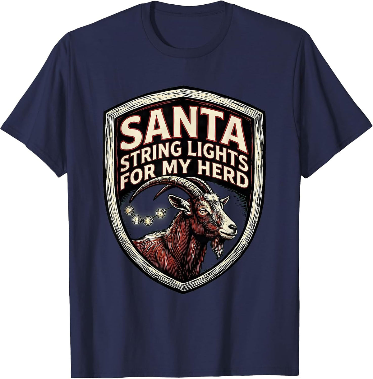 Santa, String Lights for My Herd Funny Goat Lover Christmas T-Shirt - Navy Blue