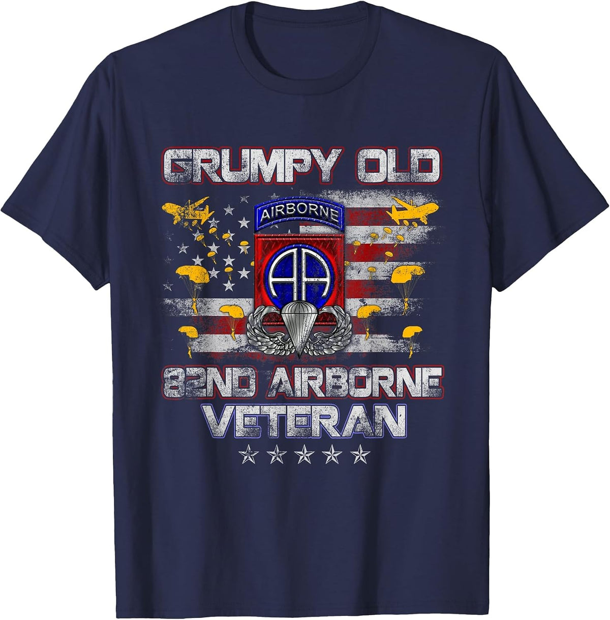 I'm A Grumpy Old 82nd Airborne Div Paratrooper Veteran Flag T-Shirt - Navy Blue