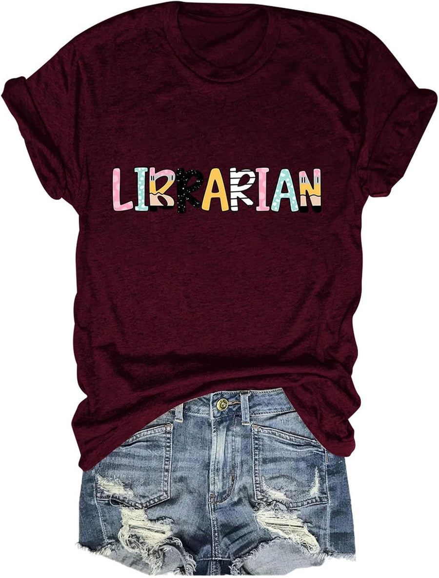 Librarian Teacher Shirt for Women Funny Book Lover Graphic Crewneck T-Shirt - Wine Red