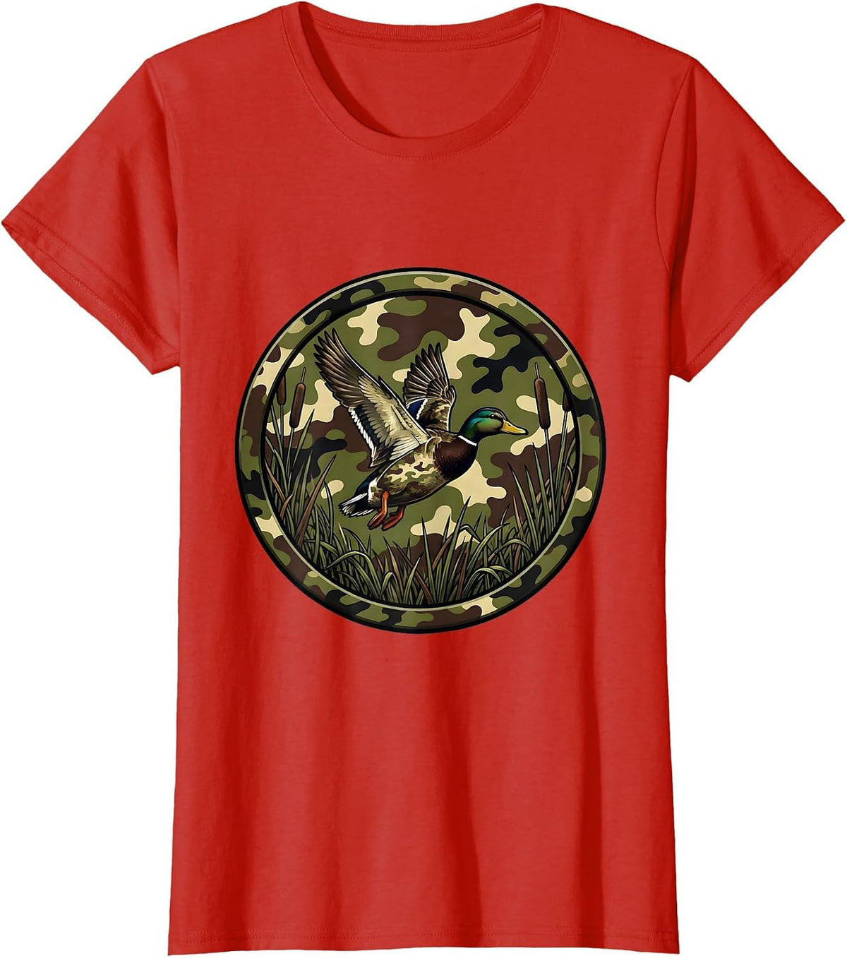 Duck Flying Over Misty Camo Marsh Illustration T-Shirt - Red