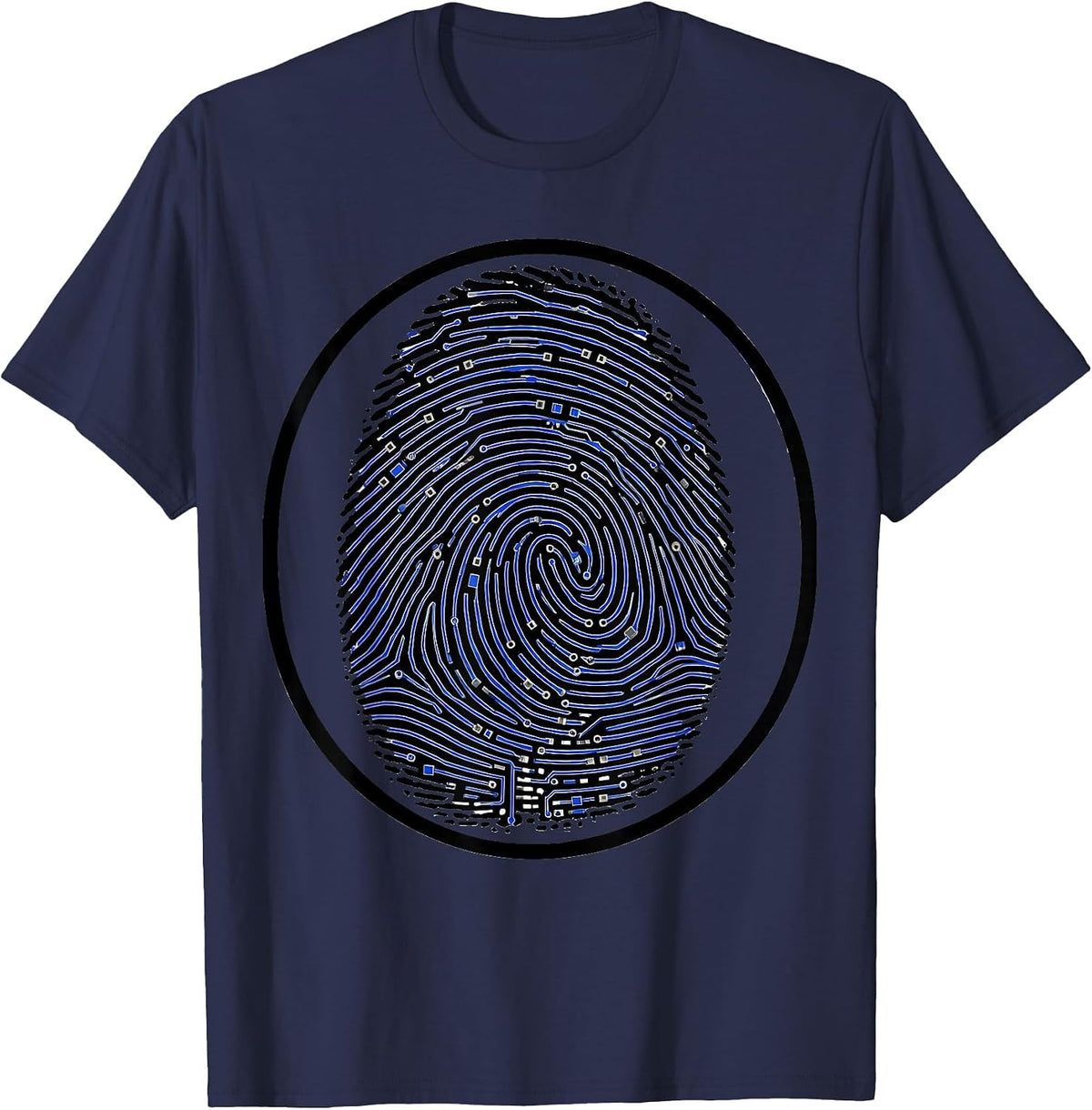 Fingerprint Circuit Board Cybersecurity Graphic T-Shirt - Navy Blue