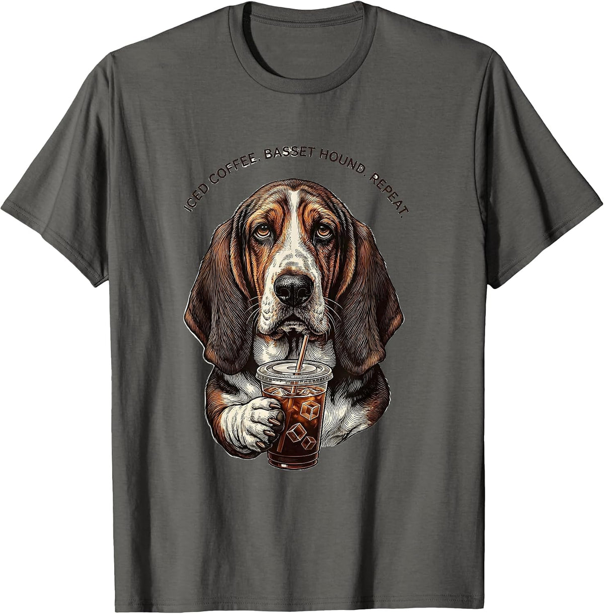 Men's Iced Coffee Basset Hound Repeat Funny Dog Lover Humor T-Shirt - Asphalt Grey