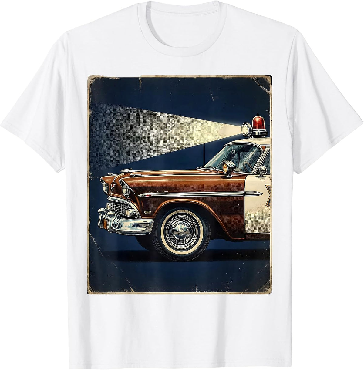 Men's Vintage Patrol Car Spotlight Beam Graphic T-Shirt - White