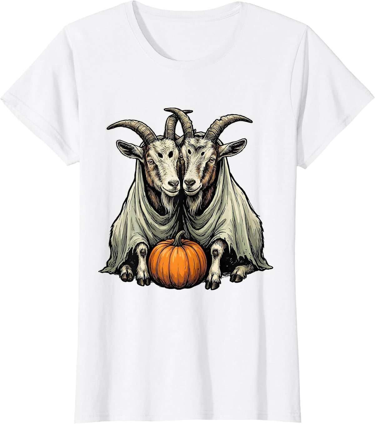 Women's Goat Ghost Halloween Spooky Pumpkin Farm Animal Lover T-Shirt - White