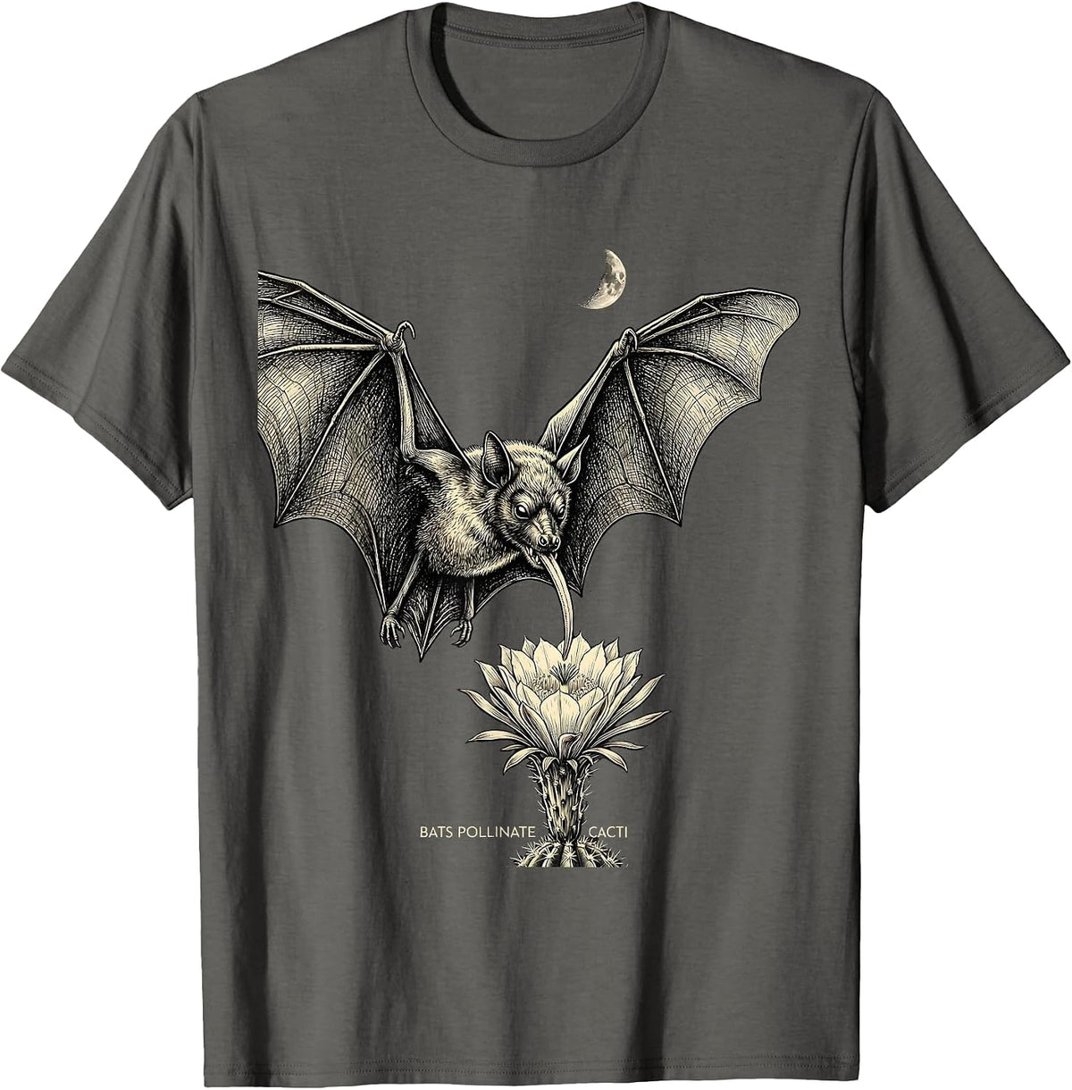 Men's Bats Pollinate Cacti Monochromatic Bat Lover Nature T-Shirt - Asphalt Grey