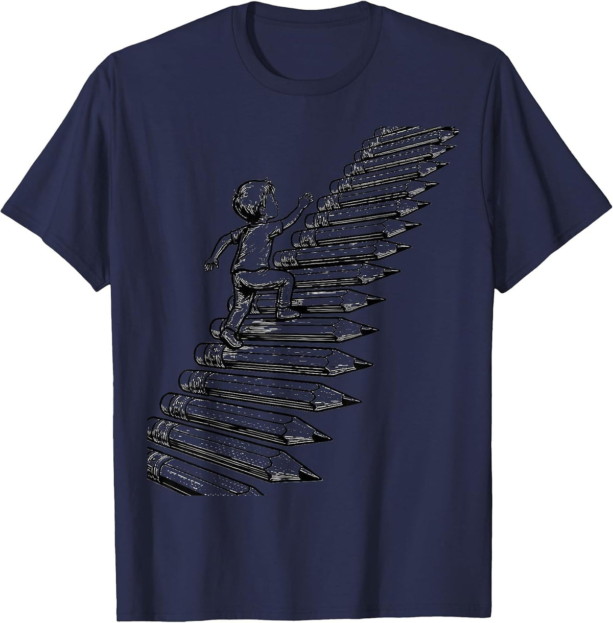 Men's Special Education Pencil Staircase Climbing Design T-Shirt - Navy Blue