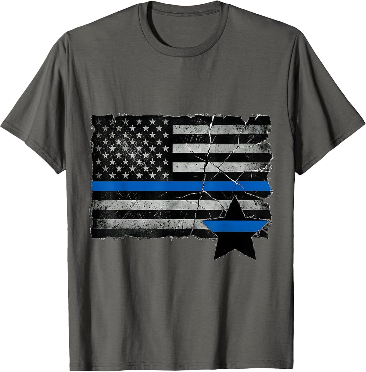 Men's Distressed Thin Blue Line American Flag Police Support T-Shirt - Asphalt Grey