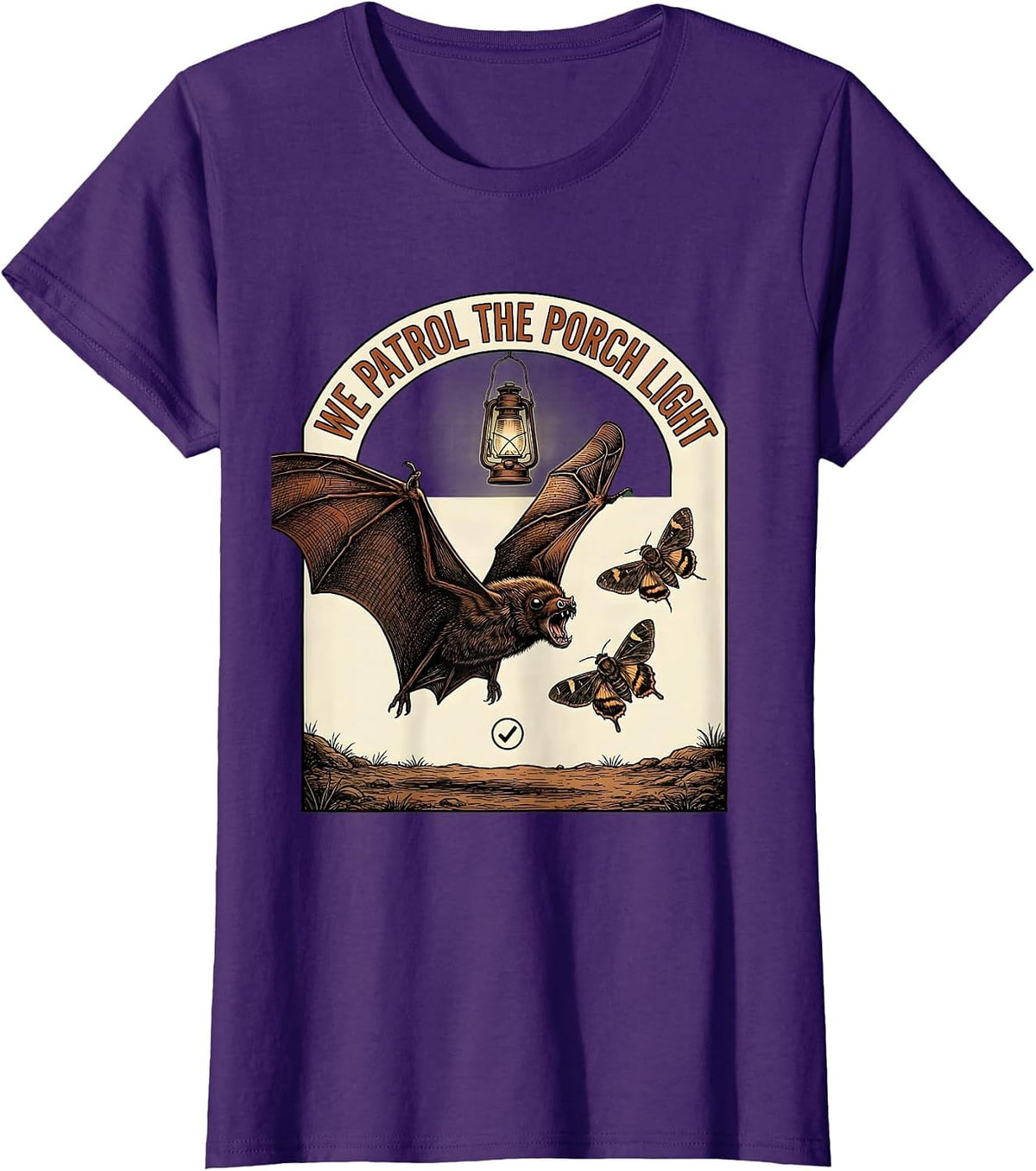 Women's We Patrol The Porch Light Vintage Bat Lover Halloween T-Shirt - Purple