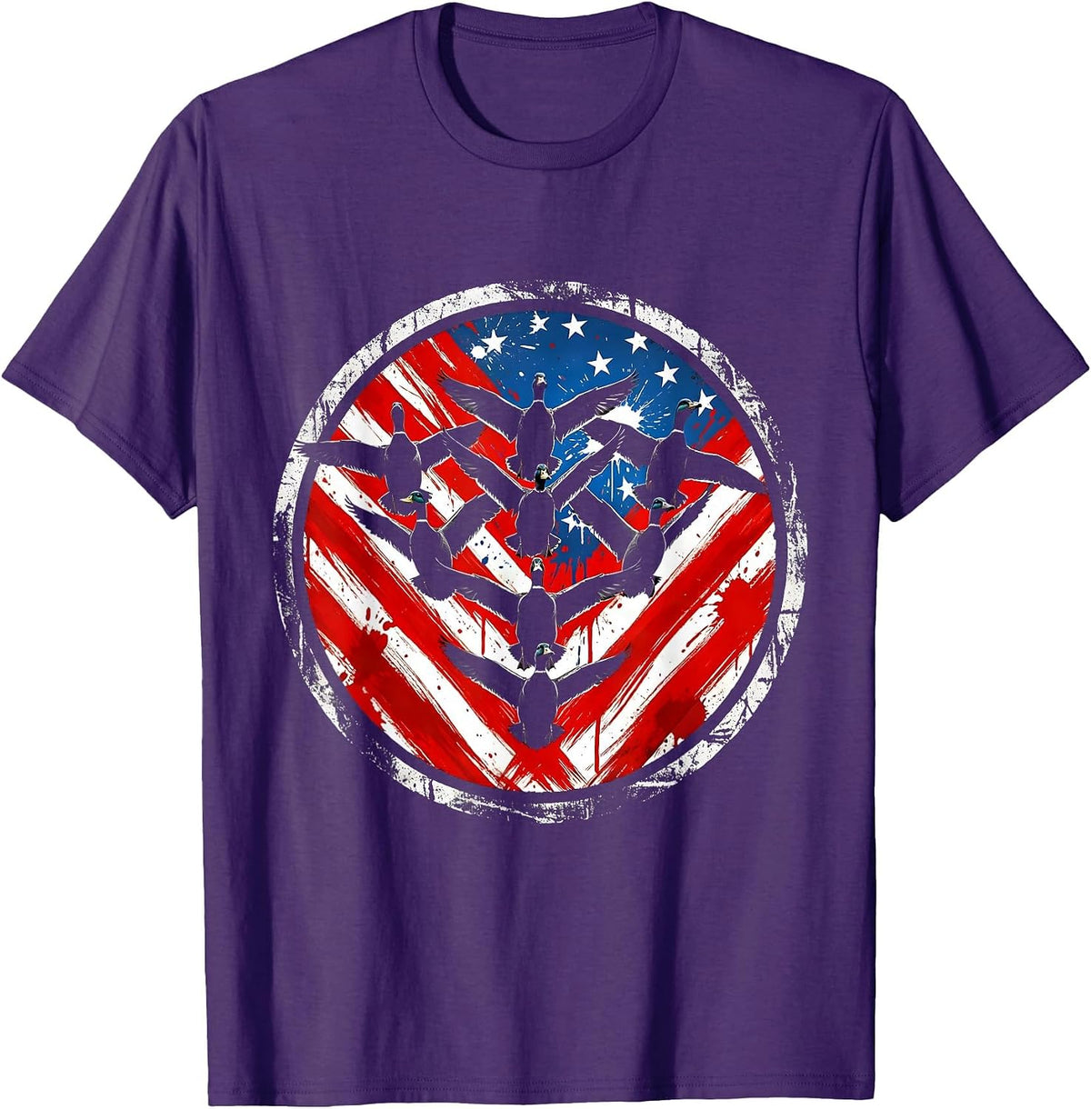 Duck Camo Flock in V-Formation Hunting Design T-Shirt - Purple