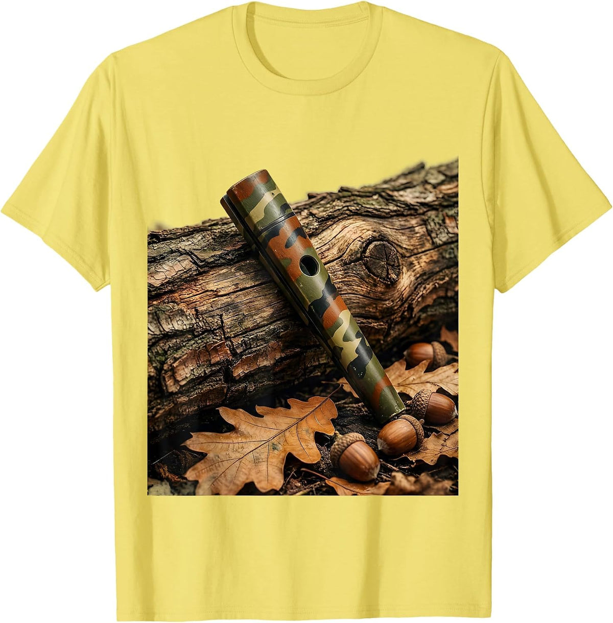 Men's Camo Duck Call on Weathered Log Graphic T-Shirt - Lemon Yellow