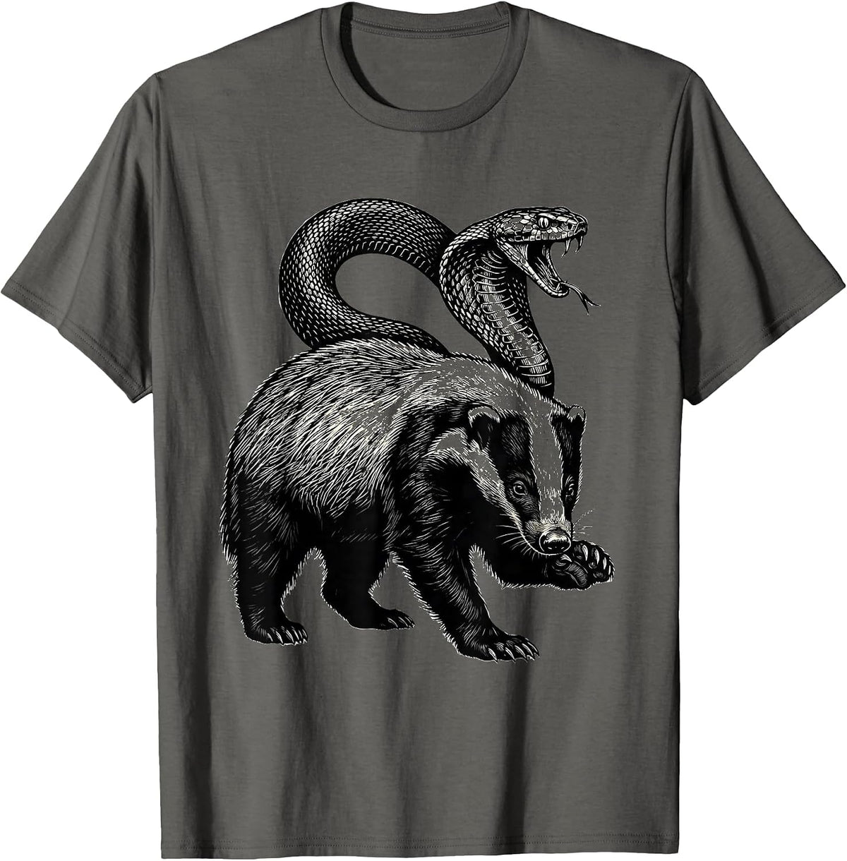 Low Honey Badger Calm Cobra Scratchboard Funny Animal Humor T-Shirt - Asphalt Grey
