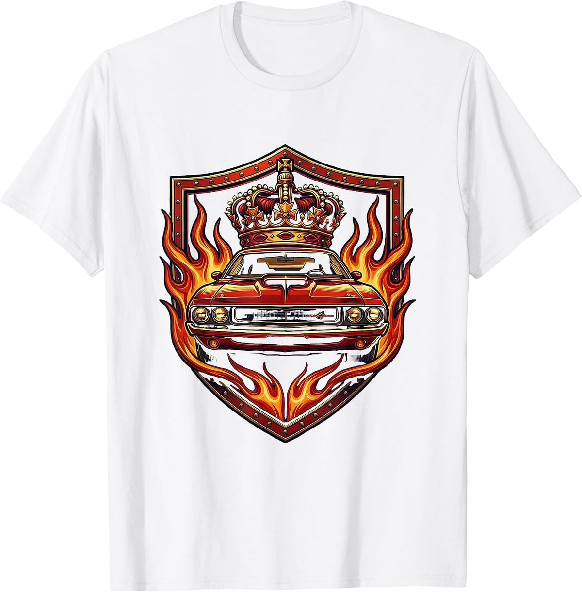 Men's Classic Muscle Car Racing Flames Graphic T-Shirt - White