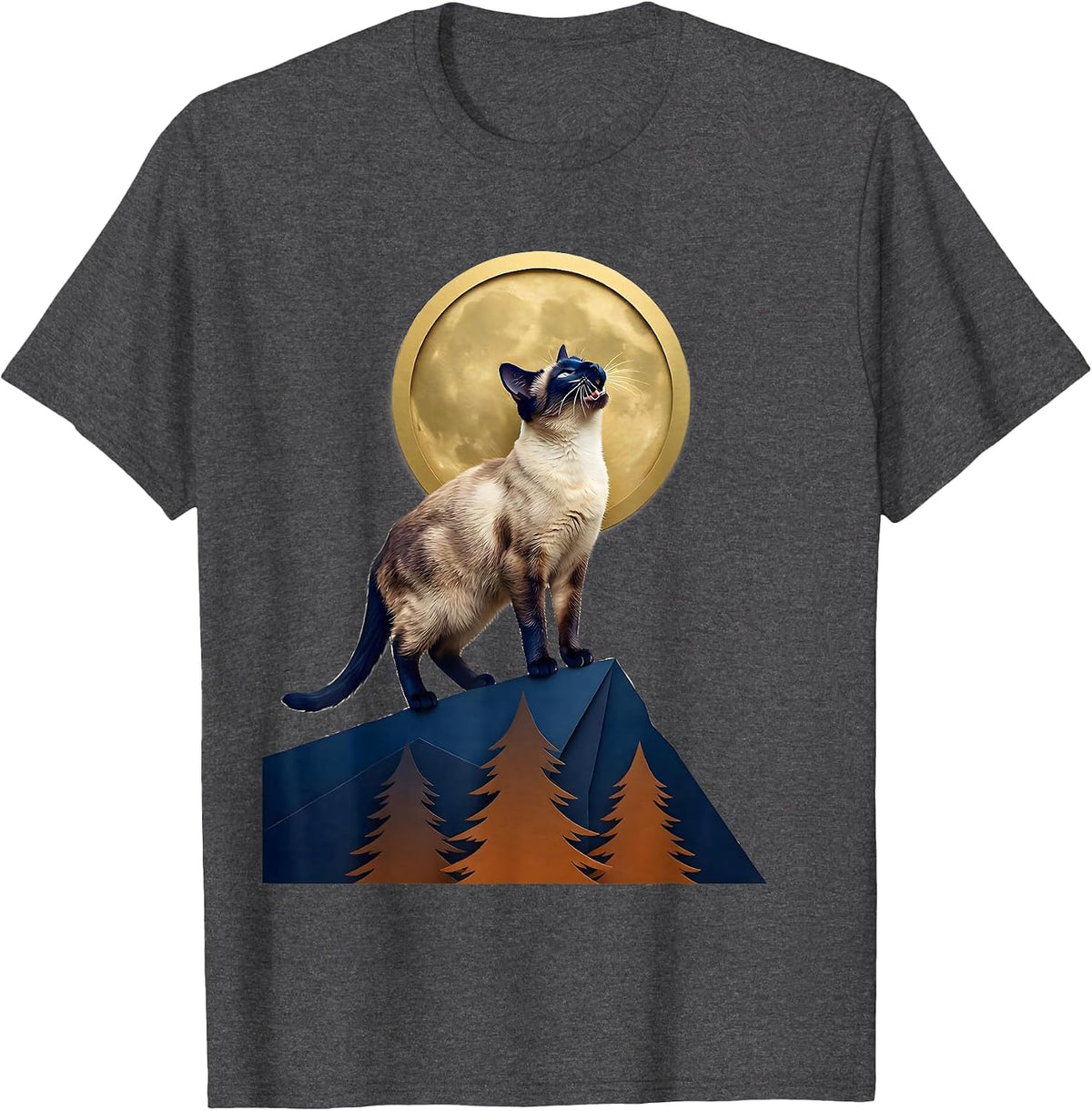 Siamese Cat Howling at Moon Retro Fantasy T-Shirt - Dark Heather Grey