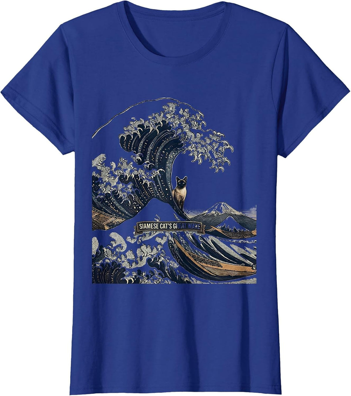 Women's Siamese Cat's Great Wave Crosshatch Etching Japanese Art T-Shirt - Royal Blue