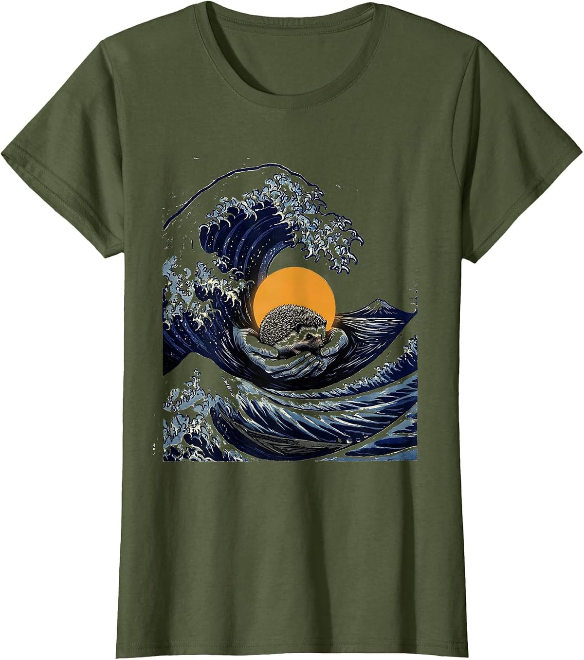 Women's Wave Hedgehog Japanese Art Animal Humor T-Shirt - Olive Green