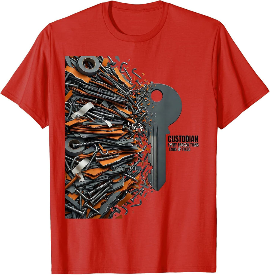 Men's CUSTODIAN EVERY BROKEN THING ENDS UP FIXED Funny Job Title T-Shirt - Red
