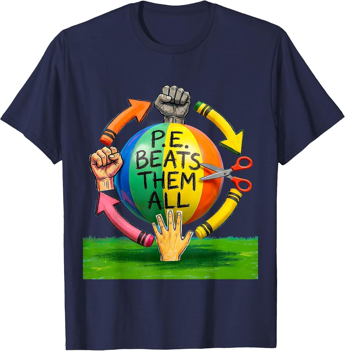 P.E. Beats Them All Naive Kidcore Back To School Grade Pride T-Shirt - Navy Blue