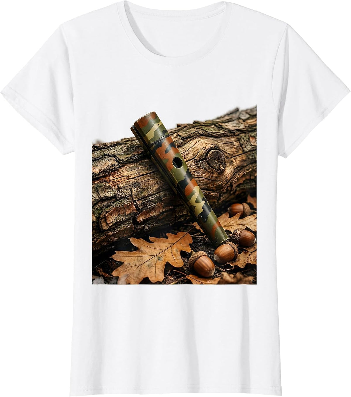 Women's Camo Duck Call on Weathered Log Graphic T-Shirt - White