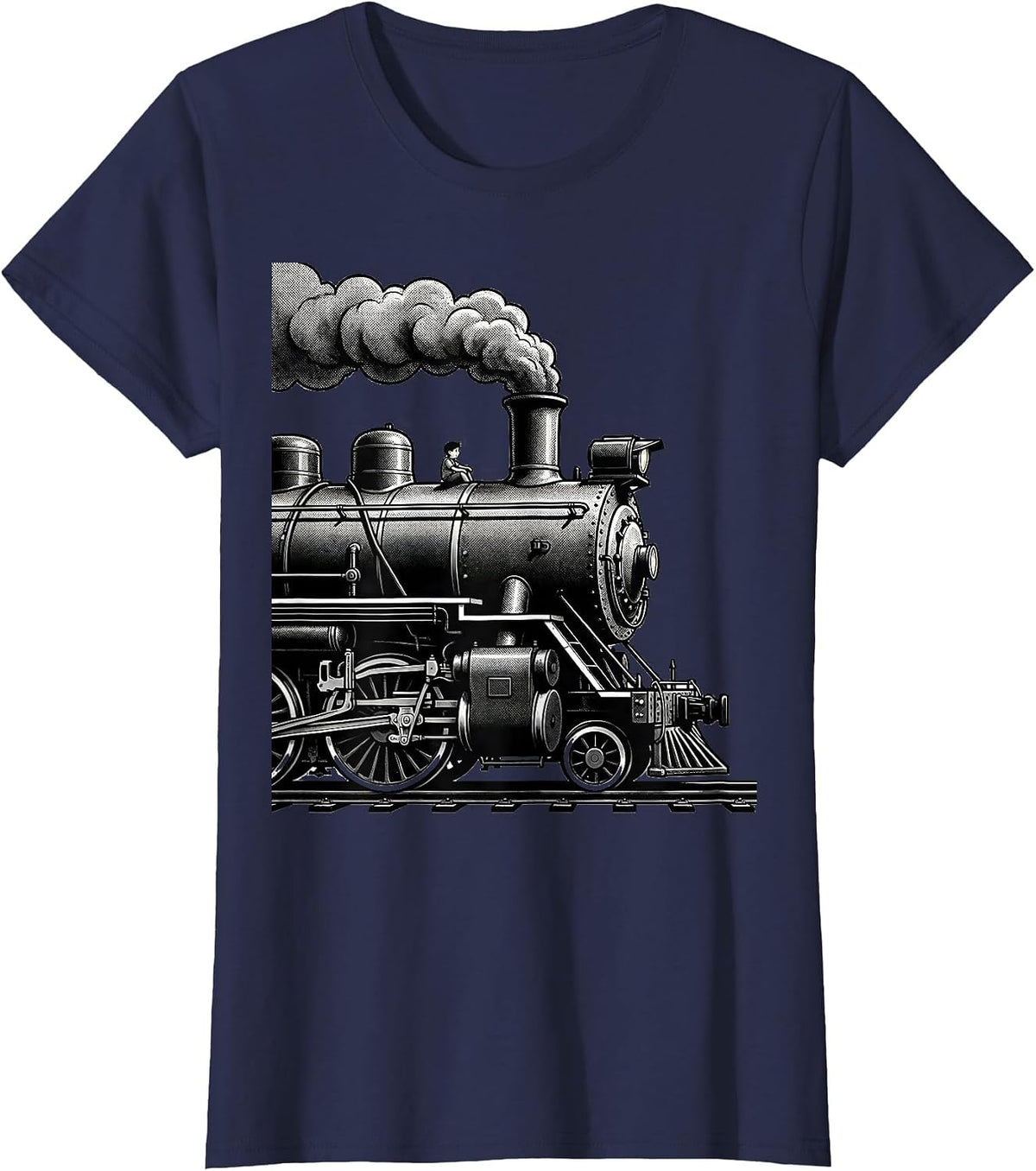 Women's Steam Locomotive Line Art Train Enthusiast Humor T-Shirt - Navy Blue