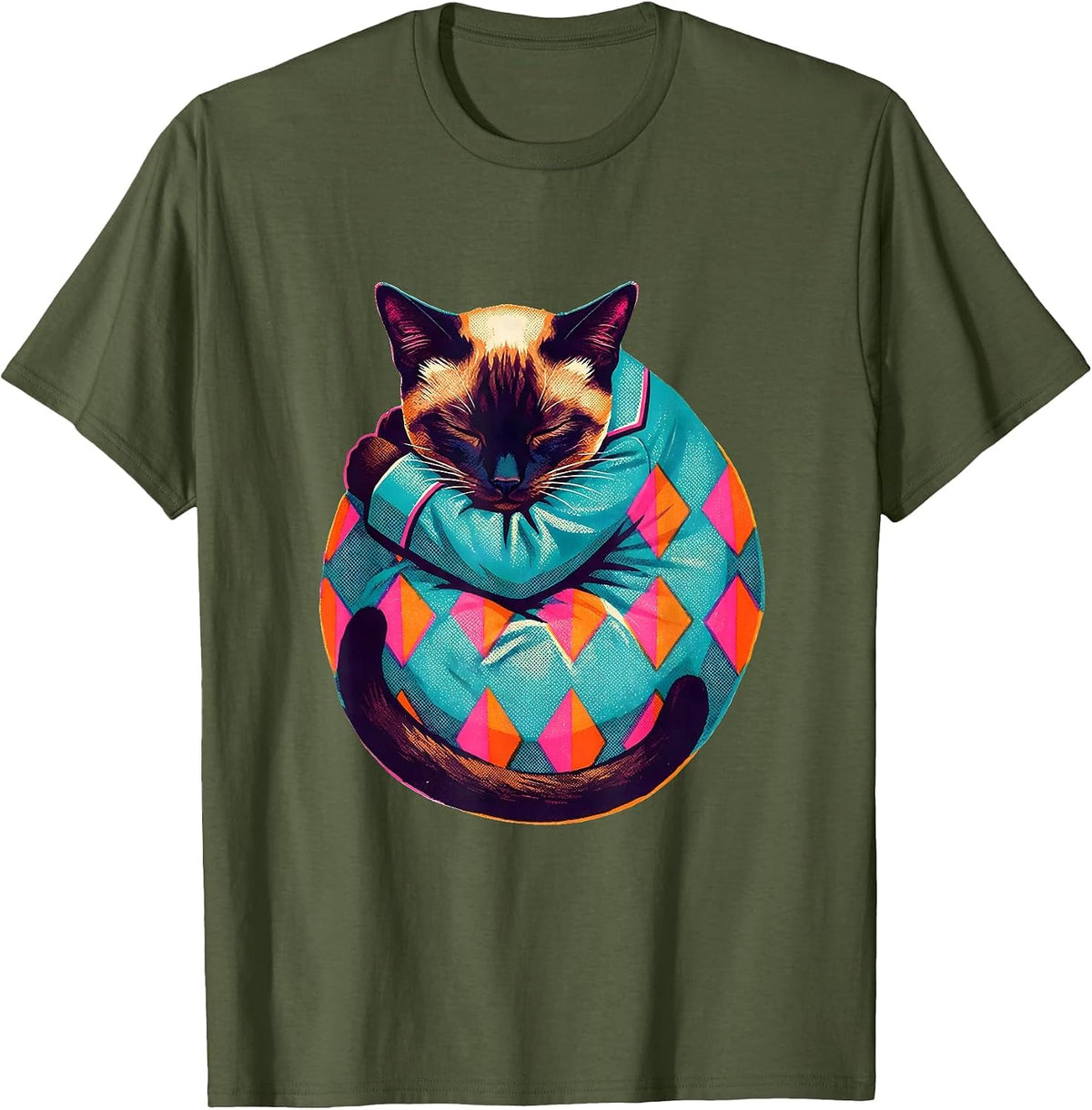 Sleepy Siamese Cat Pajama Men Women Kids Cozy T-Shirt - Olive Green