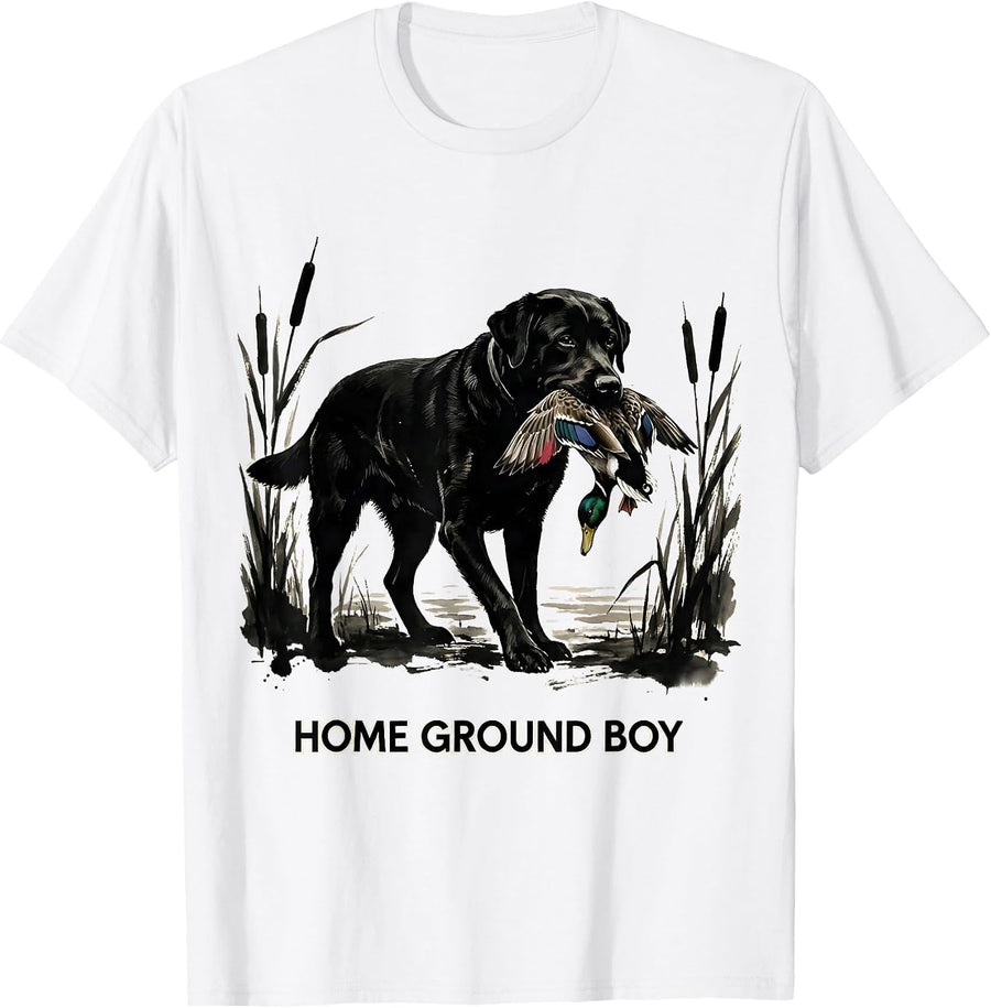 Men's Home Ground Boy Ink Brush Labrador Hunting Dog Marsh Scene T-Shirt - White