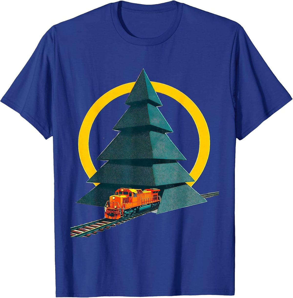 Men's Stepped Conifer Train Track Vintage Holiday Train Enthusiast T-Shirt - Royal Blue