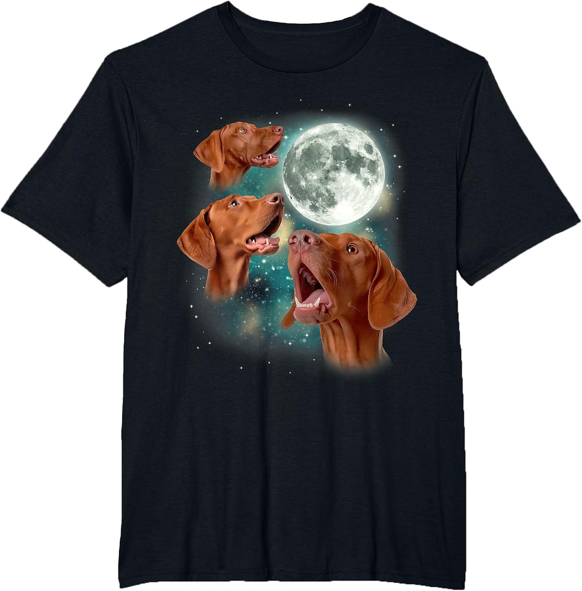 Three Vizsla Moon | 3 Magyar Meme Magic Dog Vizslas Canine T-Shirt - Black
