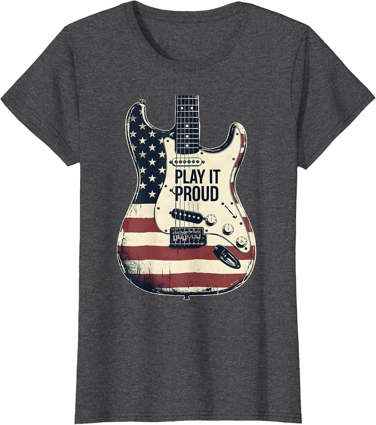 Women's Play It Proud Distressed American Flag Guitar Rock Fan T-Shirt - Dark Heather Grey