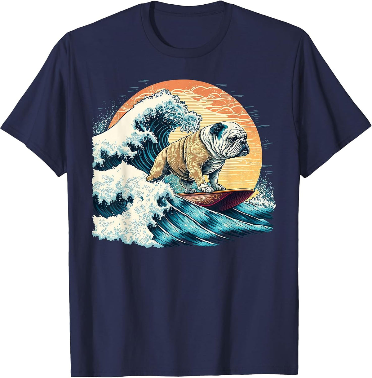 English Bulldog Surfing On the Great Wave of Kanagawa T-Shirt - Navy Blue