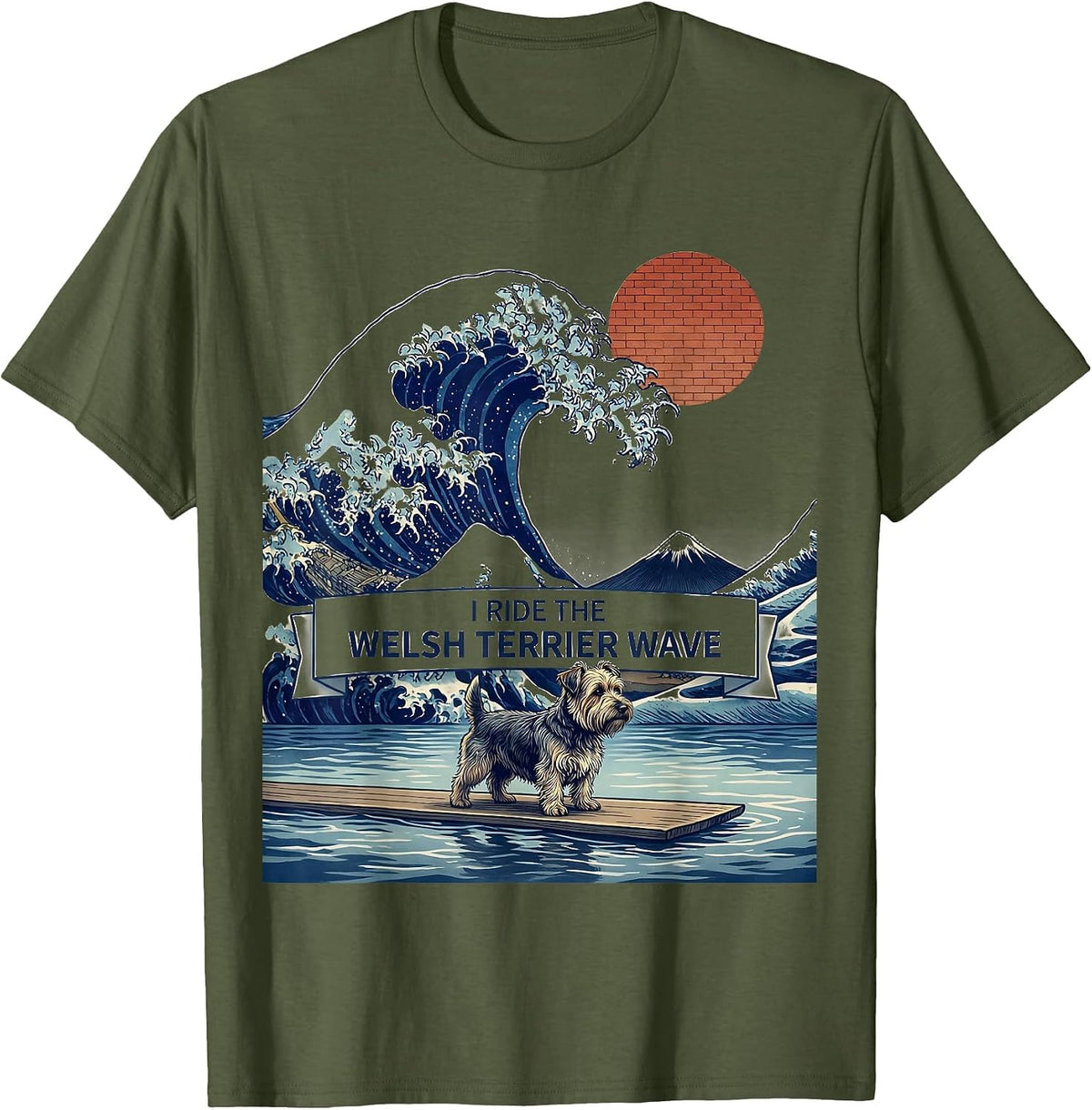 Men's I Ride The Welsh Terrier Wave Ukiyo-e Dog Breed Surfing T-Shirt - Olive Green
