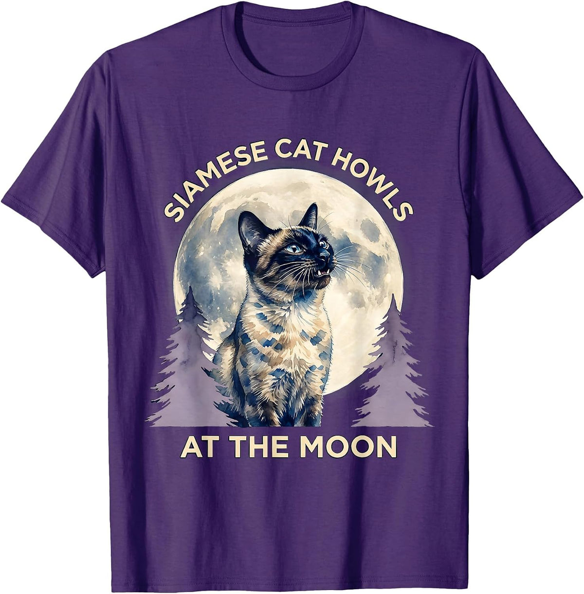 Men's Siamese Cat Howls at the Moon Funny Retro Novelty T-Shirt - Purple