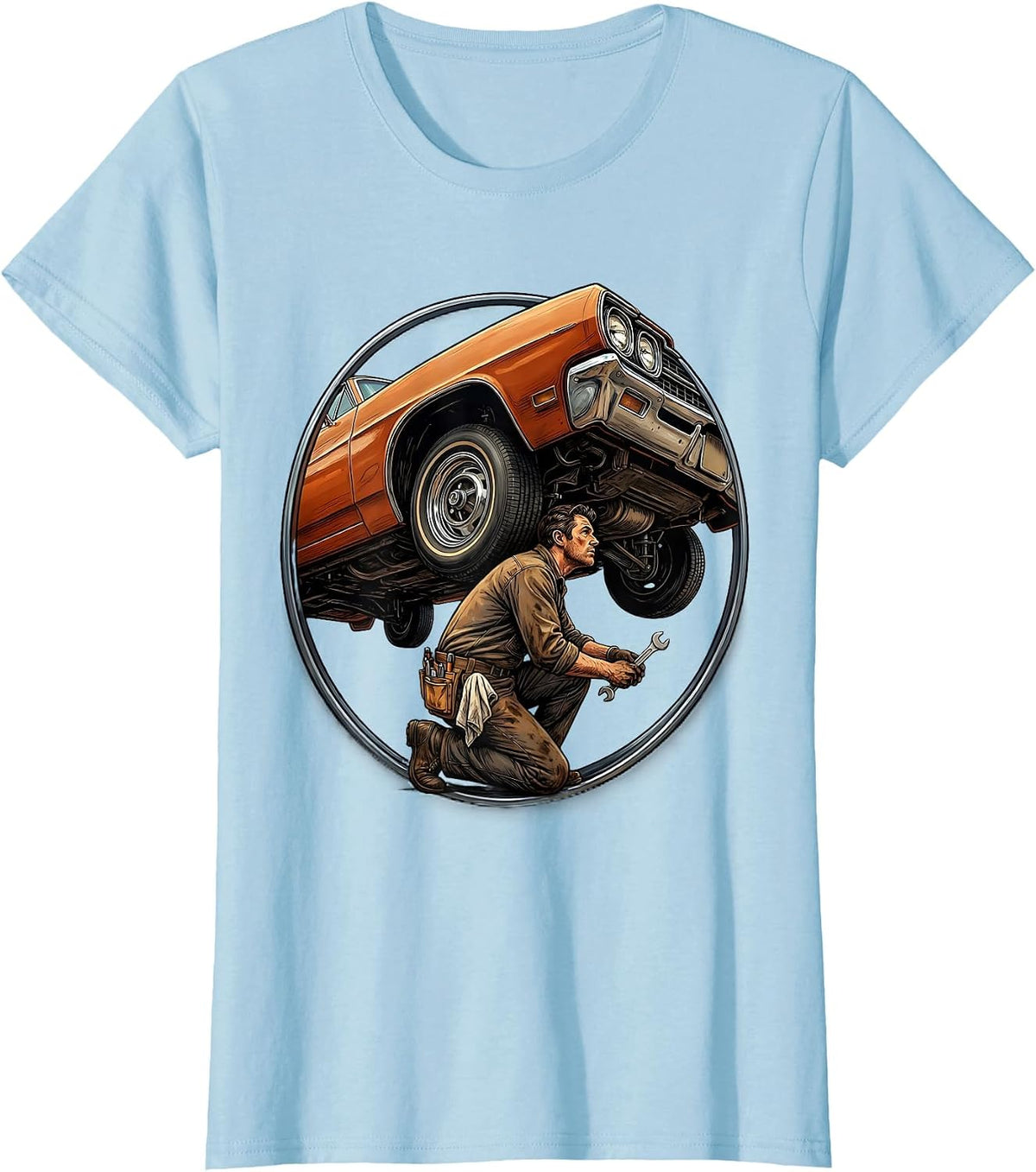 Mechanic Crouching Under Classic Car Illustration T-Shirt - Baby Blue