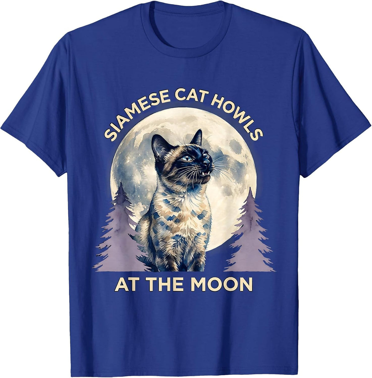Men's Siamese Cat Howls at the Moon Funny Retro Novelty T-Shirt - Royal Blue