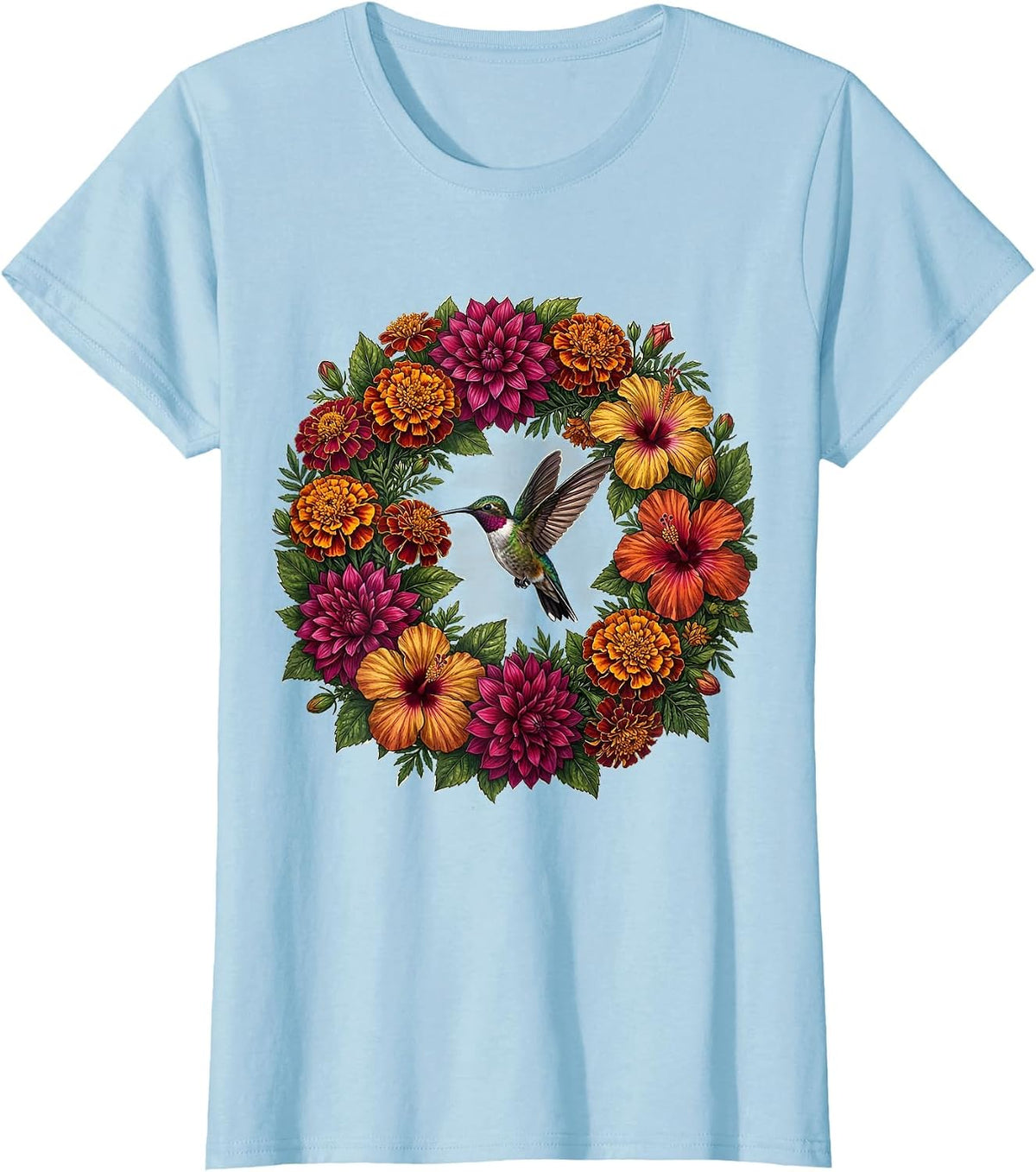 Women's Mexican Floral Wreath Hummingbird Design T-Shirt - Baby Blue