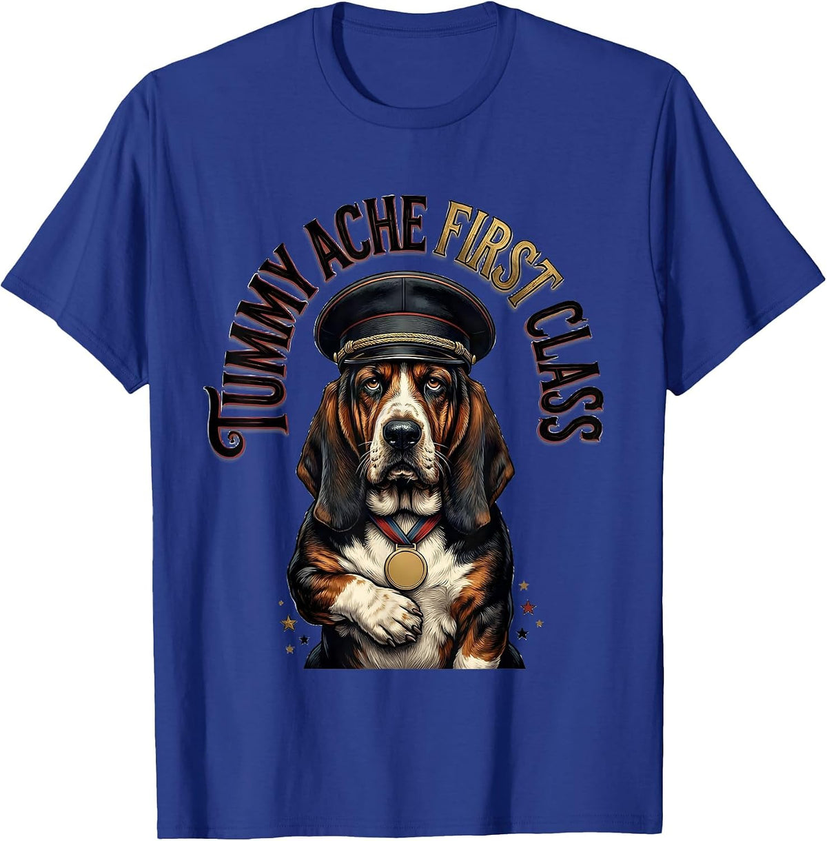 Tummy Ache First Class Funny Basset Hound Pet Humor Novelty T-Shirt - Royal Blue