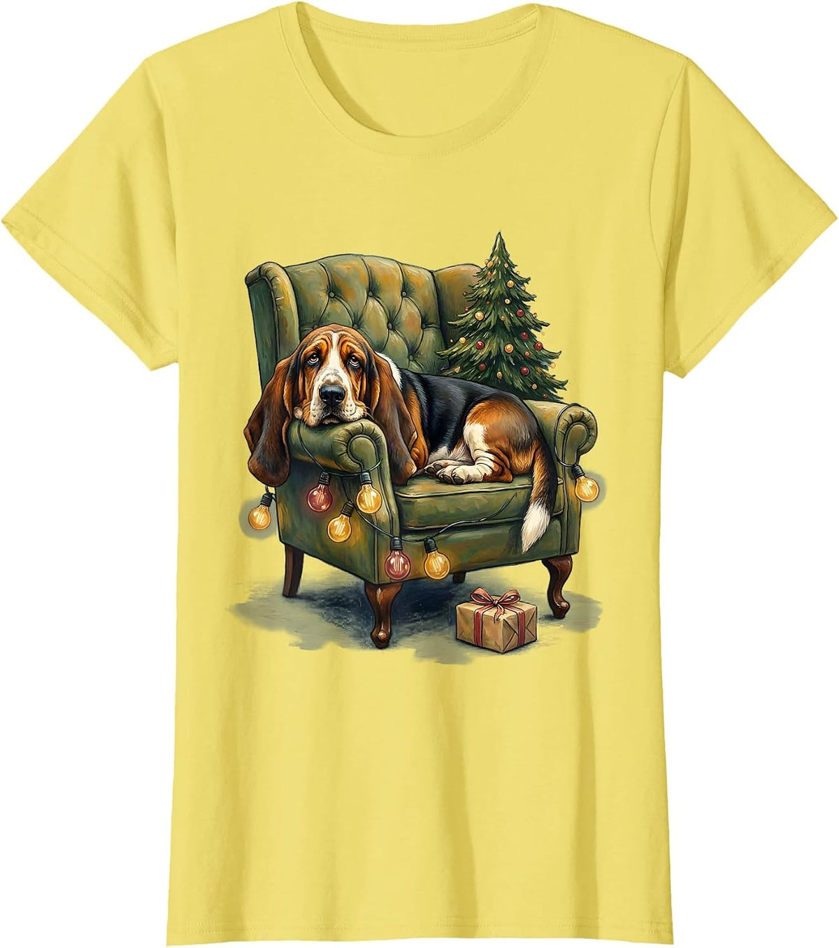 Women's Basset Hound Christmas Lights Storybook Holiday Dog Lover T-Shirt - Lemon Yellow