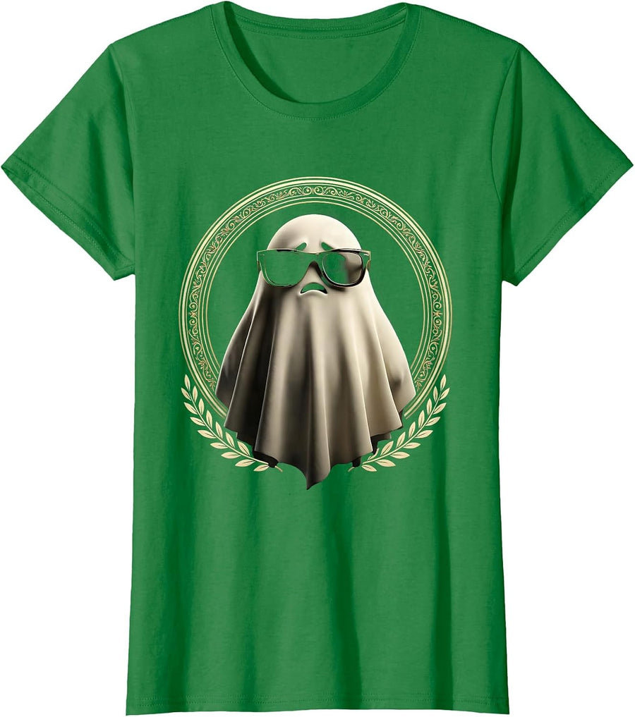 Boo Jee Ghost Wearing Designer Sunglasses T-Shirt, Women, Kelly Green, X-Large - As Pictured