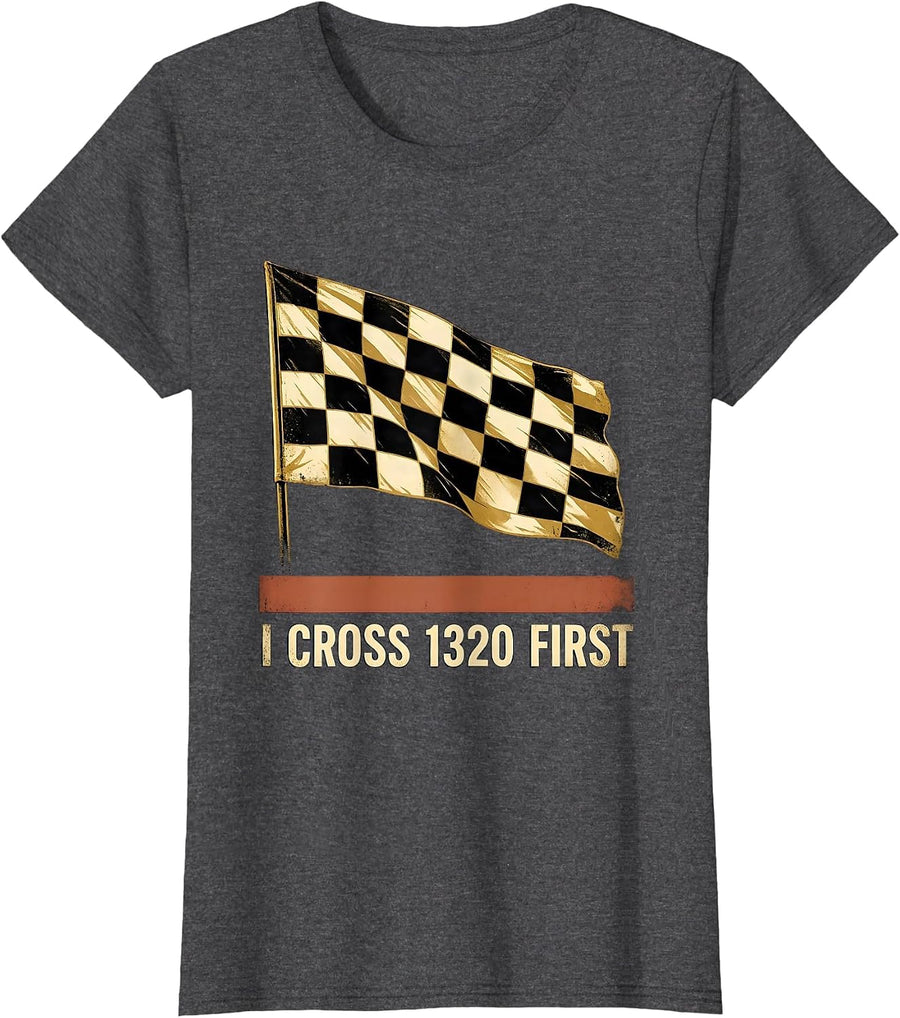 Women's I Cross 1320 First Vintage Drag Racing Checkered Flag T-Shirt - Dark Heather Grey
