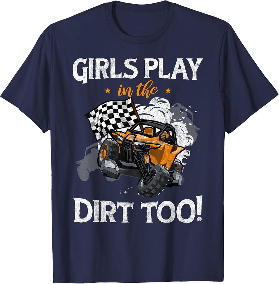 Girls Playing in the UTV Dirt Offroad SXS Racing Quad Lovers T-Shirt - Navy Blue