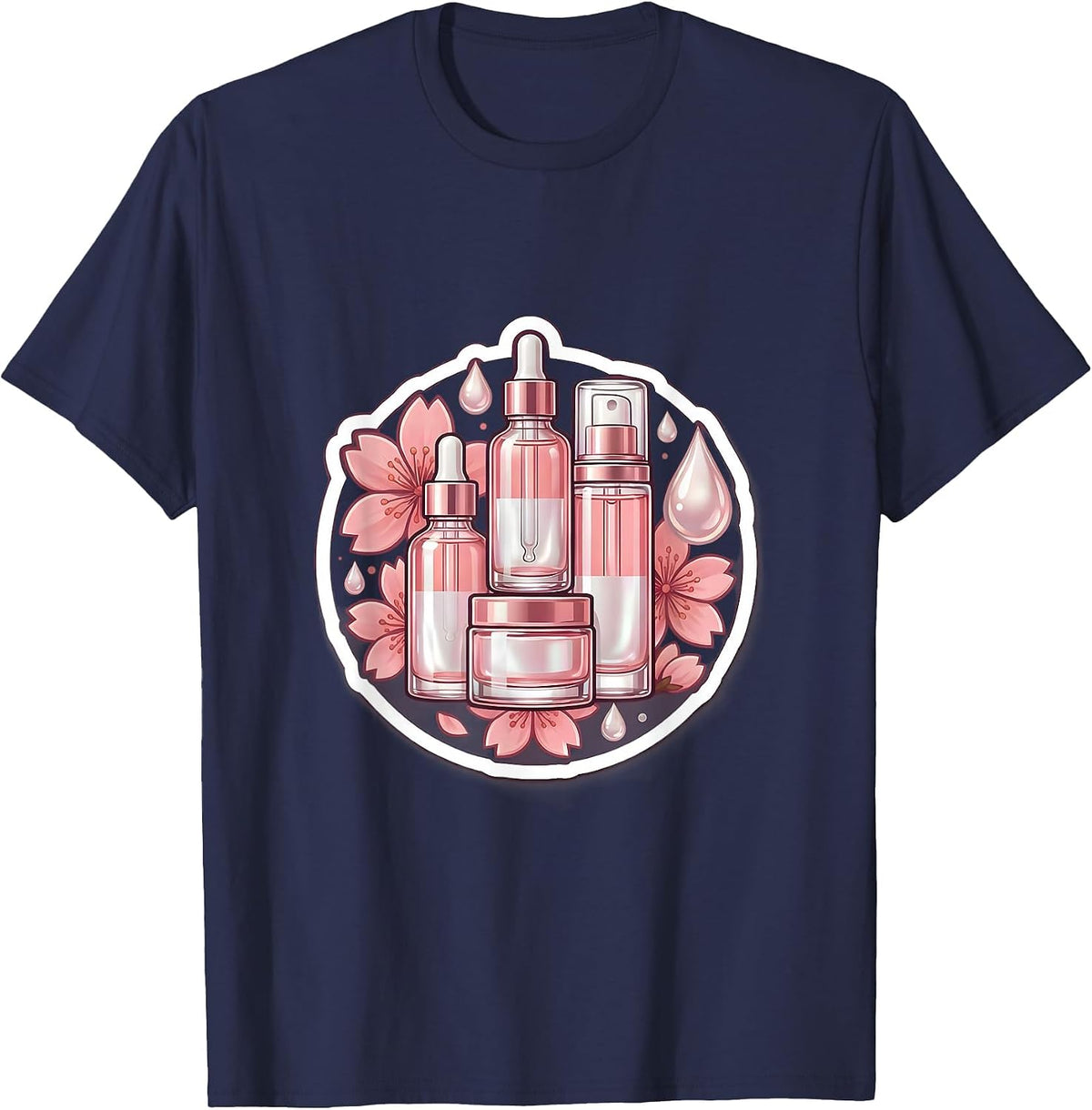 K-Beauty Skincare Routine Floral Bottle Stack T-Shirt - Navy Blue