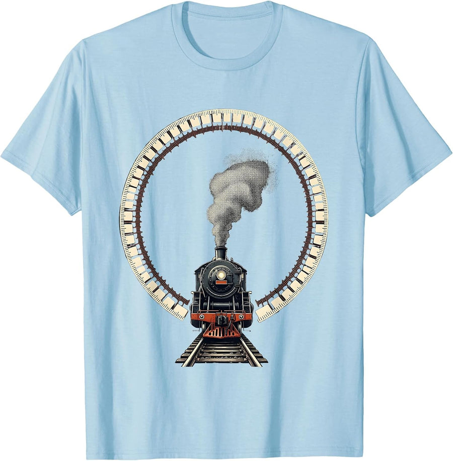 Men's Steam Locomotive Ring Train Enthusiast Railroad History T-Shirt - Baby Blue