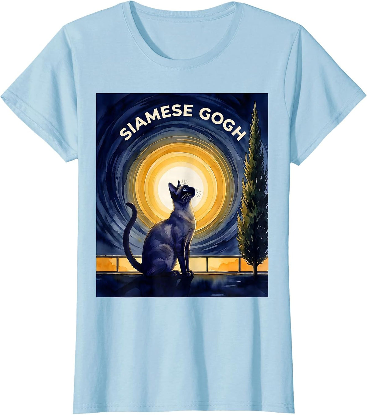 Women's Siamese Gogh Watercolor Cat Lover Van Gogh Art Parody T-Shirt - Baby Blue
