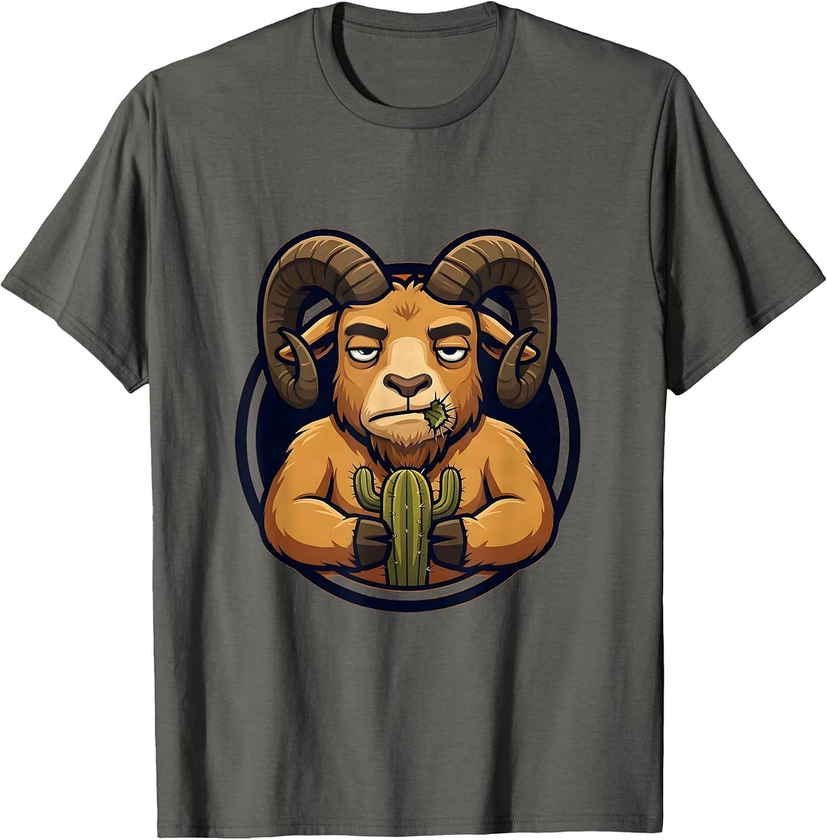 Men's Unfazed Goat Eating Cactus Funny Animal T-Shirt - Asphalt Grey
