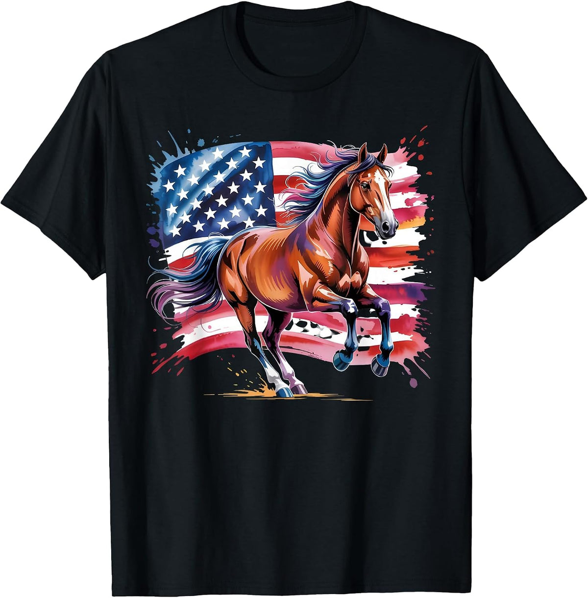 American Flag Patriotic Horse Lovers Fourth 4th of July T-Shirt - Black