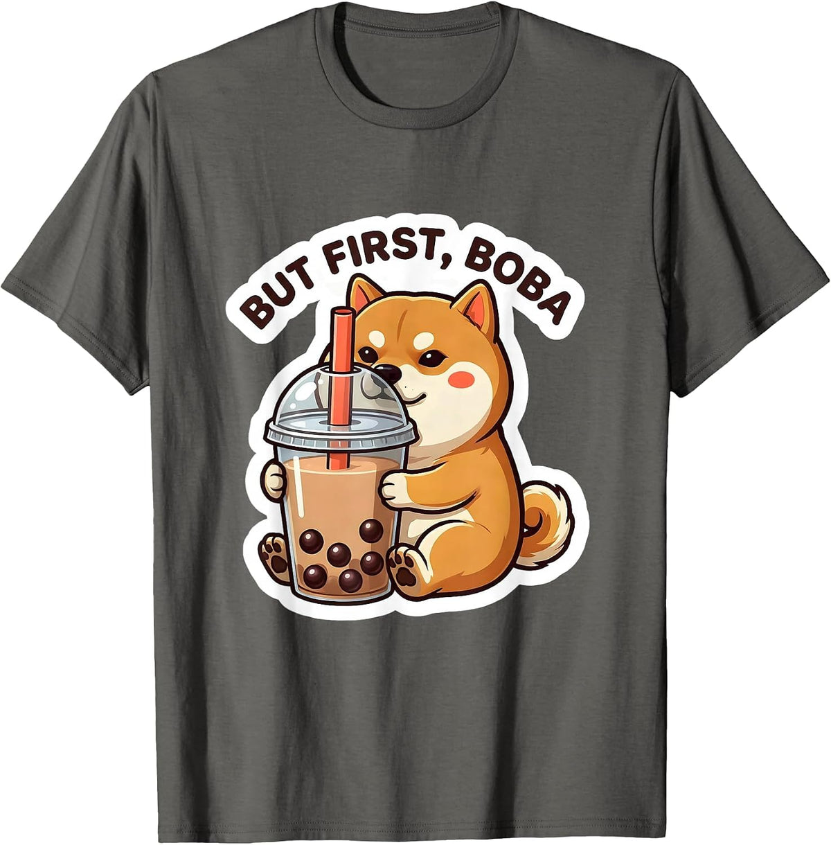 But First, Boba Kawaii Chibi Shibainu Boba Tea Anime Humor T-Shirt - Asphalt Grey